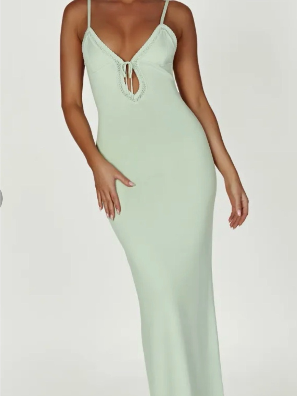 Elegant Mint Green Slip Maxi Dress with Lace-Trim Detail